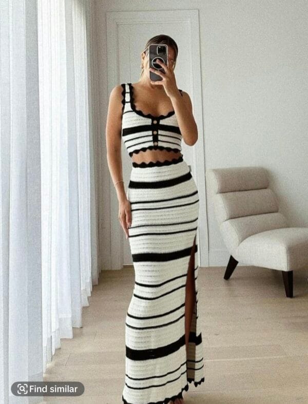 two piece set women print crop knit top skirt
