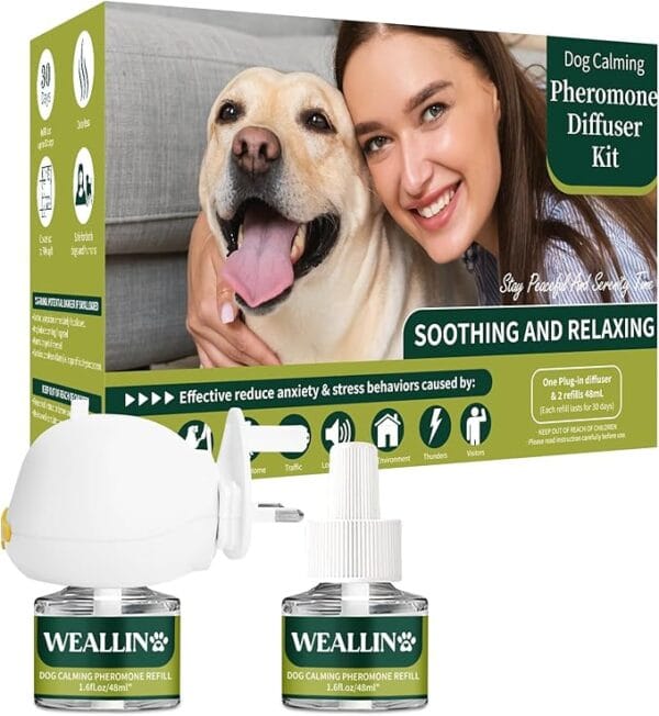 WEALLIN Dog Calming Diffuser Kit 3-in-1 Dog Pheromone Diffuser Set 1 Diffuser + 2 Refill 48ml Vials - 60 Days of Calming and Relaxing