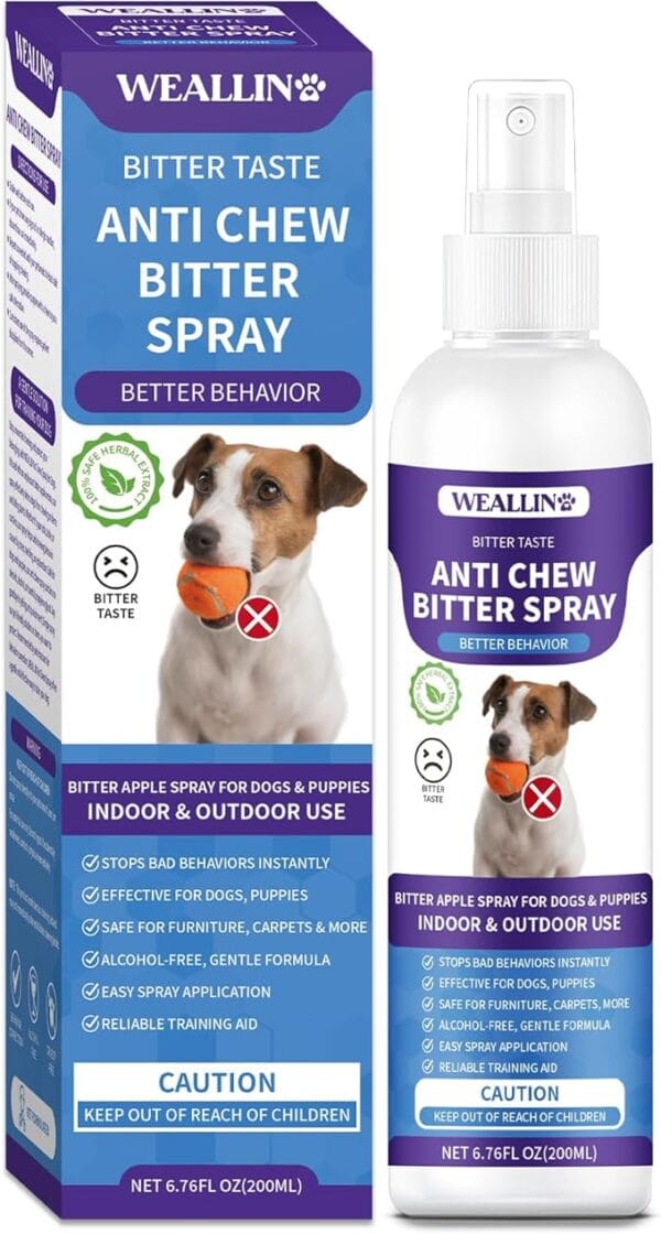 WEALLIN Bitter Dog Spray, 200ml Bitter Apple Dog Spray, Anti Chew Spray for Dogs Behavior Training Aid, Dog Repellent Spray Stops Chewing Biting & Licking, Protects Furniture for Indoor & Outdoor Use
