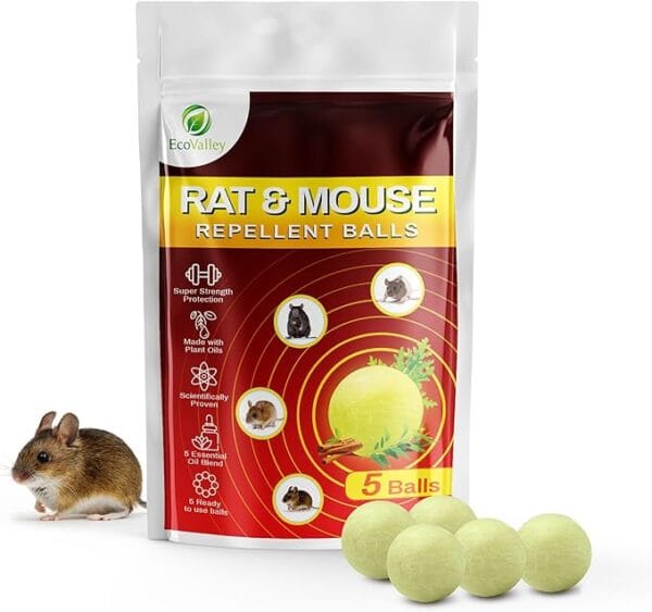 EcoValley 5-Pack Rat & Mouse Repellent Balls – Powerful Plant-Based Mouse Deterrent – Natural Rodent Control with Peppermint, Cinnamon, Eucalyptus & Citronella Oils – Chemical-Free & Ready to Use
