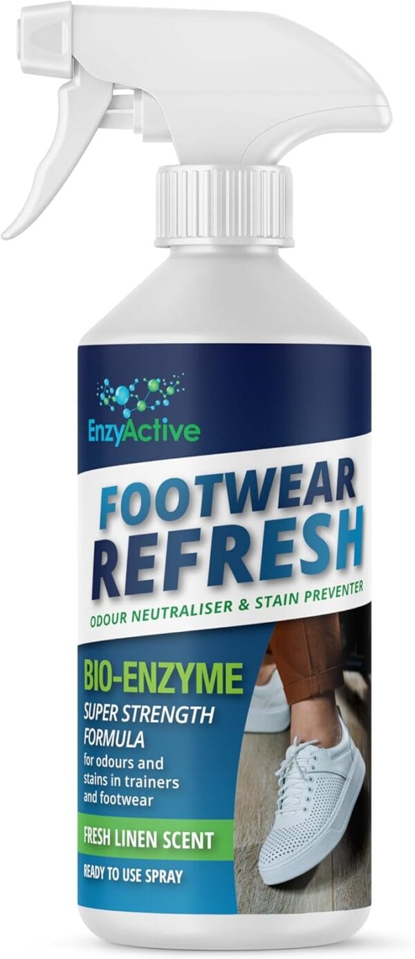 EnzyActive Shoe Fresh & Deodriser Spray Odour neutraliser Linen Fresh Kick With Enzymes Sweat Eliminator for Trainers, Shoes, Sandals, Hiking Boots, Slippers for Bad Odours from Smelly Feet 500ML