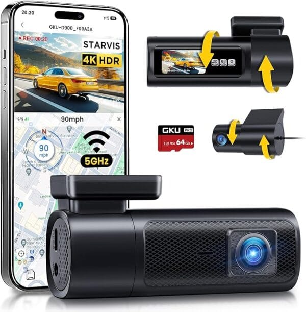 GKU 4K+2.5K Dash Cam Front and Rear, 5Ghz Wi-Fi & GPS, HDR, Dual Car Camera with 1.47” IPS Screen, Dashcam with 64GB SD Card