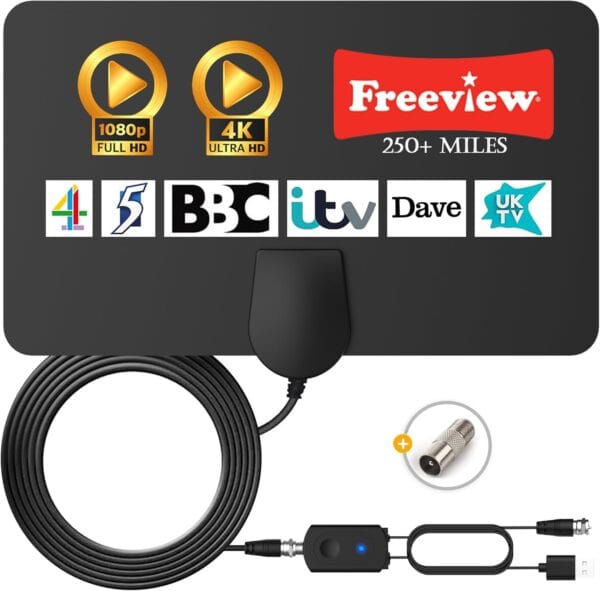 TV Aerial, Digital TV Aerial Indoor for Freeview TV, Amplified Indoor TV Aeral with Booster 250+ Long Range Reception