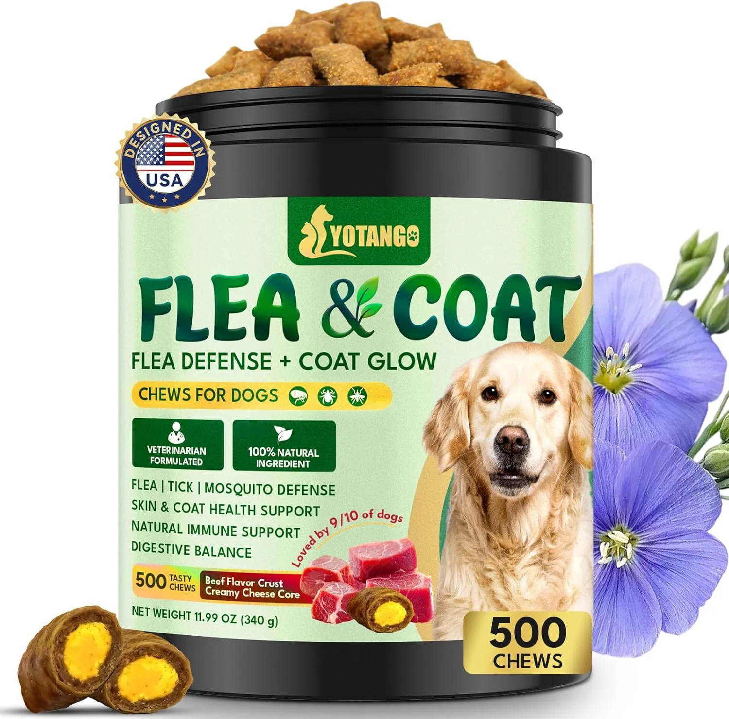 Dog Flea and Tick Support Crunchy & Creamy Chewables, 500 Chews Natural Flea and Tick Support for Dogs Chewable, Skin and Coat Support, Daily Chews for Dogs and Puppies (Beef Flavor)